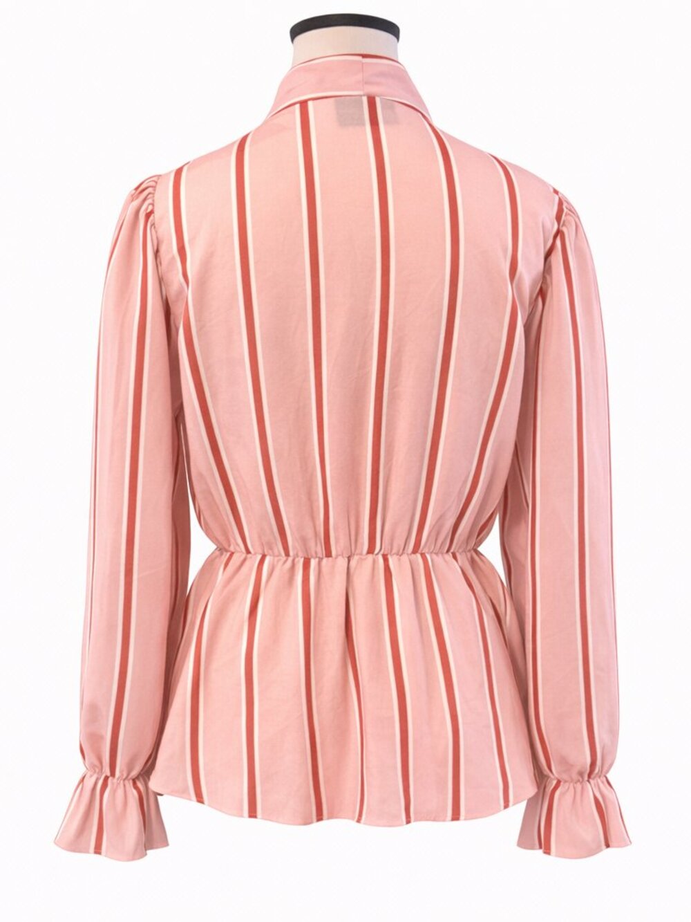 THE MOON Pink Stripe Tie Neck Peplum Blouse Size M Romantic Puff Sleeve Top - Picture 6 of 8